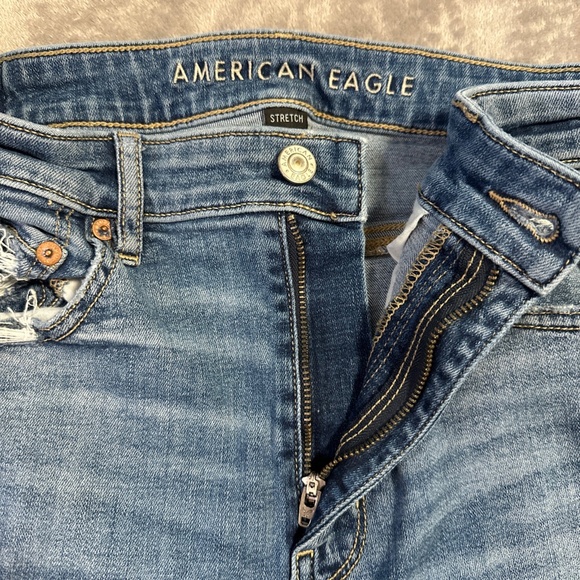 American Eagle Super Hi-Rise Flare Jeans Sz 8 Short Distressed Blue Boho Hippie - Picture 4 of 11
